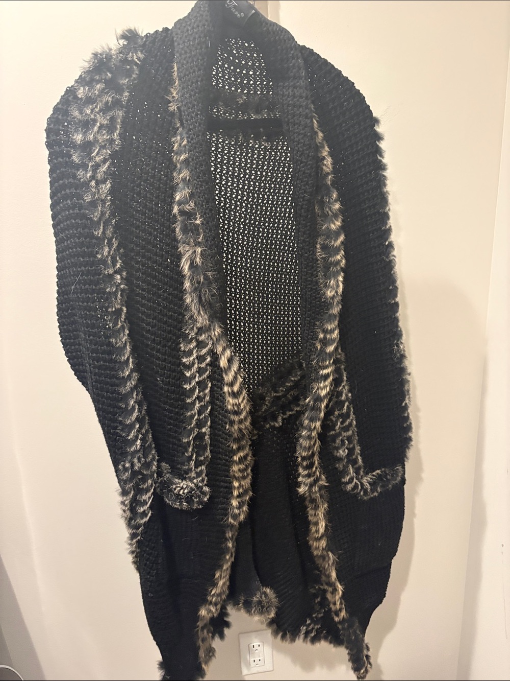 Black Open-Knit Sweater Shrug with Faux-Fur Trim